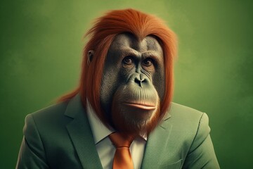 Anthropomorphic orangutang dressed in a suit like a businessman. Business Concept. AI generated, human enhanced