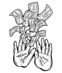 Big dollars banknotes money in your hands. Finance business, commerce, payment economy  theme for poster print, design elements. Take or give loan. Hand drawn illustration. Cartoon style drawing.