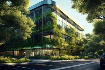 Eco-friendly glass business building with natural landscaping. AI generated, human enhanced