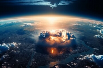 Nuclear explosion, satellite view. The concept of thermonuclear war. AI generated, human enhanced