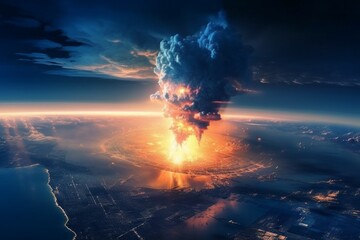 Nuclear explosion aerial view. The concept of thermonuclear war. AI generated, human enhanced