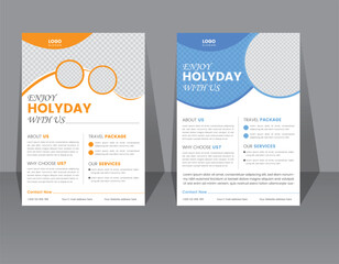 Travel poster or flyer pamphlet brochure design layout space for photo background. Yellow  and blue Travel flyer template for travel agency. a4 size half page vector illustration.