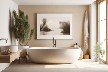 A luxurious bathroom with a sleek tub and chic sink, perfect for a pampering spa day. AI Generative.