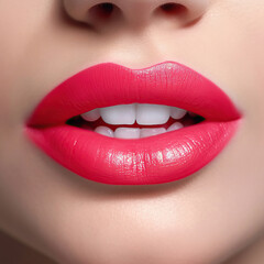 Obraz premium Close up of woman's natural lips with bright fashion pink glossy makeup. Macro photography of beautiful female mouth. generative ai
