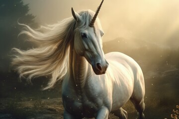 Naklejka na ściany i meble Fairytale unicorn. Mythical animal with one horn. AI generated, human enhanced