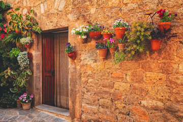 Fototapeta na wymiar Valldemossa typical village with plants pots in facades at Mallorca island, Spain