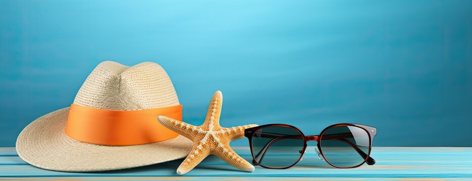 Beach Summer Holidays Vacation Travel Accessories And Fashion On Sand And Blue Background. Including Mobile Phone Camera Plane Passport Hat And Flip Lop Created With Generative AI Technology