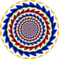 Optical illusion circle with colorful tribal ornament. Round pattern for trippy background design.