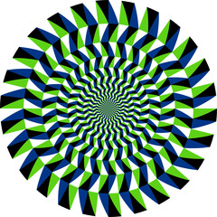 Optical illusion circle of moving pattern with blue, green, white and black triangles. Circular template for motion background design.