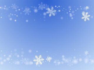 Fototapeta na wymiar Fantasy flying snowflakes illustration. Winter fleck crystallic elements. Snowfall weather white blue background. Rime snowflakes january texture. Snow nature landscape.