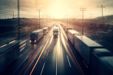Obraz premium trucks trailers are driving on road. Logistics and management of cargo delivery and commercial transportation. Generative AI
