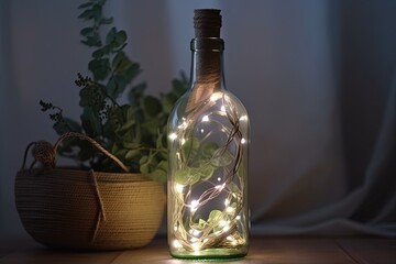 Glass bottle with garland lights in the dark room. Generative AI.