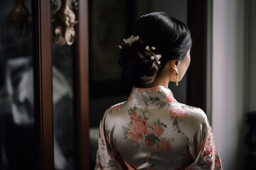 A Japanese Bride Stands With Her Back in Traditional Kimono, Wedding Hairstyle for Asian Women: AI Generated Image - obrazy, fototapety, plakaty