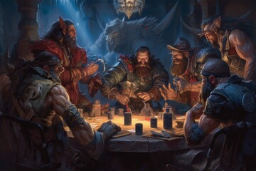Fototapeta premium Legendary heroes from fantasy realms, armed with their iconic weapons, seated at a poker table, exchanging intense glances and testing their mettle in a game of skill and strategy. Generative AI.