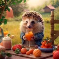 Cartoon hedgehog drinks juice in the garden. Realistic hedgehog in the garden. Fresh fruit juice. Juice advertisement. Stylized cheerful hedgehog on a picnic.  Autumn harvest.  Generative ai.