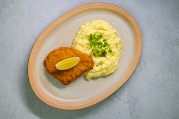 Typical Czech cuisine chicken cutlet with mashed potatoes