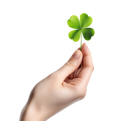 Hand Holding a Four Leaf Clover Isolated on Transparent Background - Generative AI
 - obrazy, fototapety, plakaty