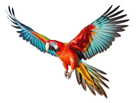 Macaw Parrot Flying Isolated on Transparent Background - Generative AI

