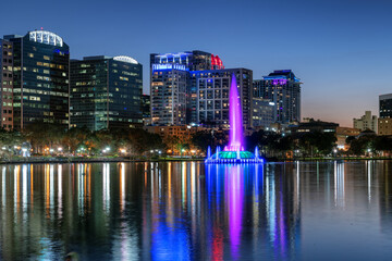 Orlando city at night with fountain in Florida, USA	