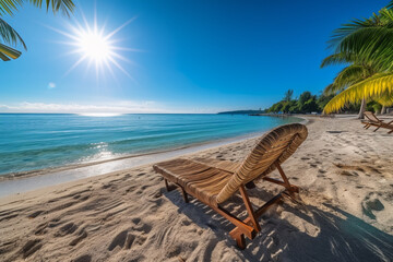 Fototapeta na wymiar Postcard-perfect beach paradise, where the sun-lounger invites pure bliss by the azure sea. Generative AI