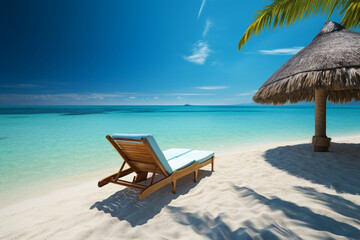 Obraz na płótnie Canvas Postcard-perfect beach paradise, where the sun-lounger invites pure bliss by the azure sea. Generative AI