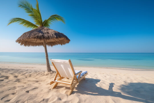 Postcard-perfect beach paradise, where the sun-lounger invites pure bliss by the azure sea. Generative AI