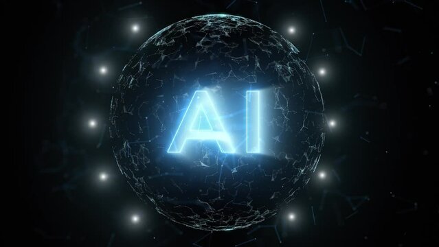 Artificial intelligence digital technology sphere future network cyberspace loop animation. Motion graphic of AI letter and futuristic digital lines background.