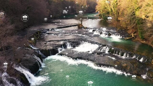 Aerial view of rapids in the fairy forest river with animated carbon dioxide icons. Net zero and carbon neutral concept.