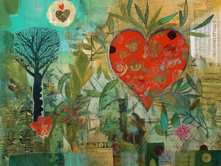 Collage of a garden, a heart on a floral background. Inspired by Mi rowsu (I have a garden in my hart),  I have a special place for you in my heart. Created with generative AI technology. - 607159697