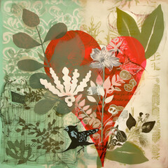 Collage of a garden, a heart on a floral background. Inspired by Mi rowsu (I have a garden in my hart),  I have a special place for you in my heart. Created with generative AI technology. - 607159865