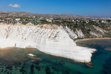 This aerial drone photo shows the famous white cliffs in Sicily. The cliffs are named Scala dei Turchi or in English Turkish Stairs. 