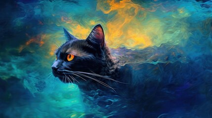 Black Cat Colorful incense clouds yellow and blue made with Generative AI