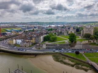 This aerial drone photo shows the city of Rochester in Kent, southern England. There is a beautiful...