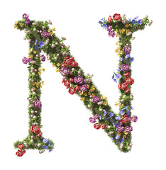 Flower Letter N. Vintage garden floral and plants font serif Isolated on transparent background. 3D render