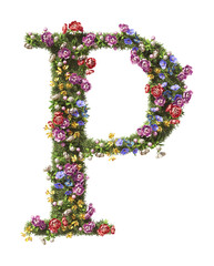 Flower Letter P. Vintage garden floral and plants font serif Isolated on transparent background. 3D render