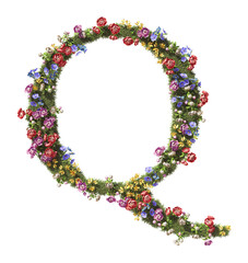 Fototapeta premium Flower Letter Q. Vintage garden floral and plants font serif Isolated on transparent background. 3D render