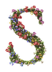 Flower Letter S. Vintage garden floral and plants font serif Isolated on transparent background. 3D render