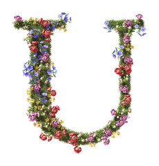 Flower Letter U. Vintage garden floral and plants font serif Isolated on transparent background. 3D render 