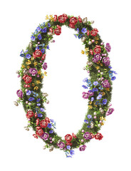 Flower Number 0, Zero. Vintage garden floral and plants font serif Isolated on transparent background. 3D render