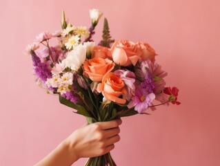 Colorful Bouquet in Hand Against Pastel Pink - Floral Beauty Concept