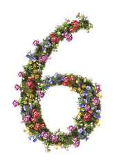 Flower Number 6, Six. Vintage garden floral and plants font serif Isolated on transparent background. 3D render
