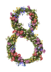 Flower Number 7, Eight. Vintage garden floral and plants font serif Isolated on transparent background. 3D render