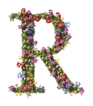 Flower Letter R. Vintage garden floral and plants font serif Isolated on transparent background. 3D render