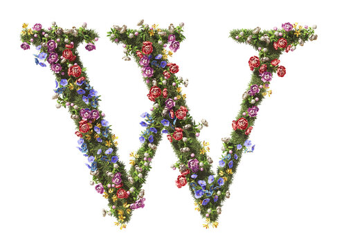 Flower Letter W. Vintage garden floral and plants font serif Isolated on transparent background. 3D render 