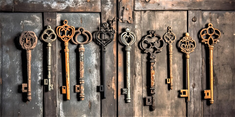 old rusty keys on wooden doors. Generative AI image.