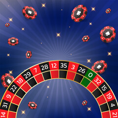 Casino tournament, roulette and chips banner. Can be used as a flyer, poster or advertisement. Vector illustration on a blue background.