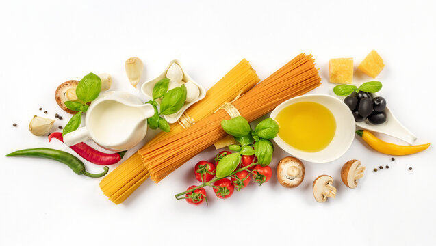 Healthy food ingredients for cooking italian pasta on a white background top view