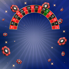 Casino tournament, roulette and chips banner. Can be used as a flyer, poster or advertisement. Vector illustration on a blue background.