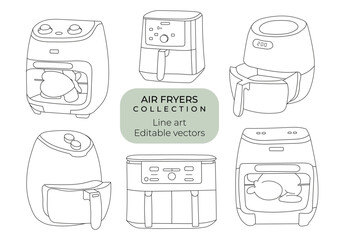 Set of hand drawn editable vector line art illustrations of air fryers