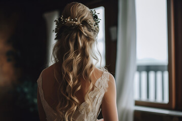 A Blonde Bride Stands With Her Back, Wedding Hairstyle for European Woman: AI Generated Image - obrazy, fototapety, plakaty